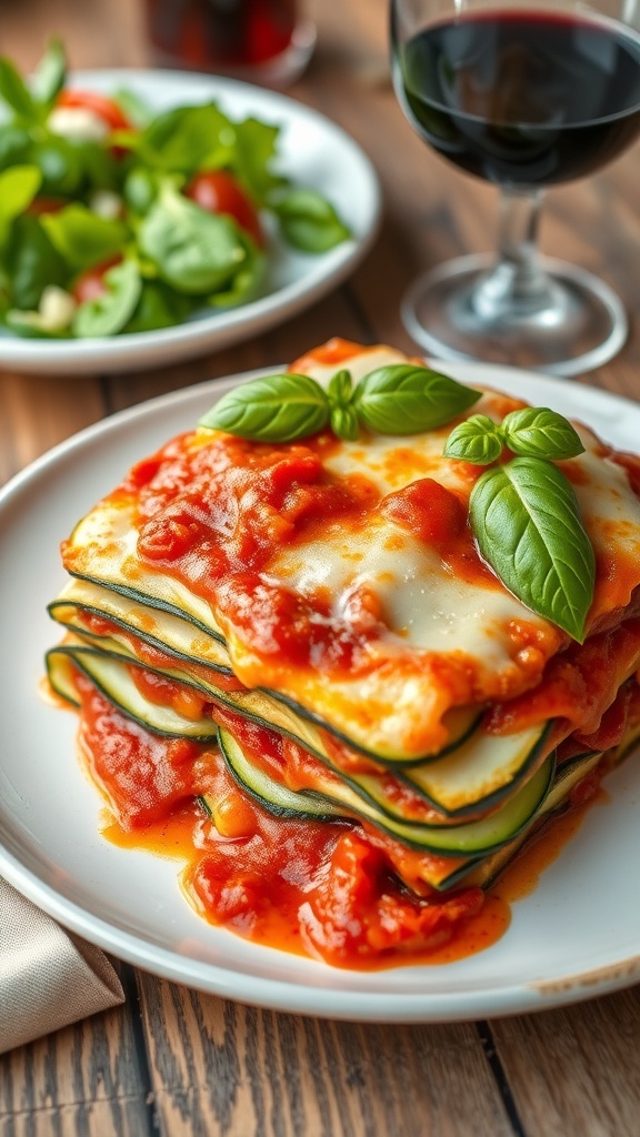 A slice of zucchini lasagna with layers of zucchini, marinara sauce, ricotta, and mozzarella, garnished with basil.